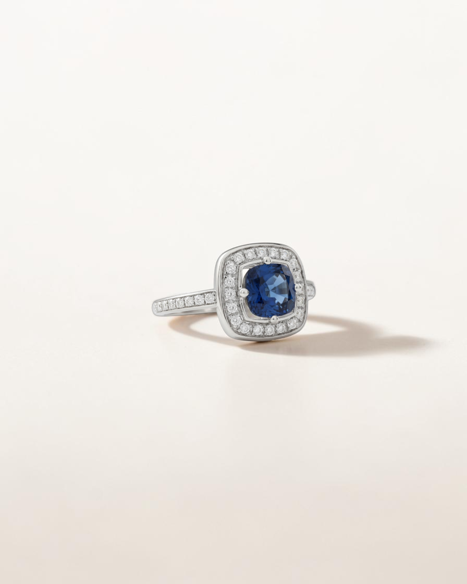 Anillo Halo de Zafiro y Brillantes en Oro Blanco