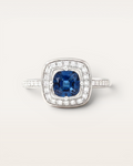 Anillo Celeste Halo de Zafiro y Brillantes en Oro Blanco
