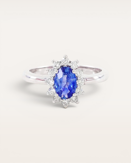 Anillo Cian de Zafiro y Brillantes en Oro Blanco