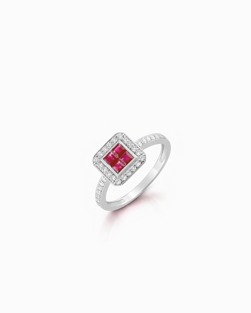 Anillo Broadway de Rubíes y Circonitas en Oro Blanco