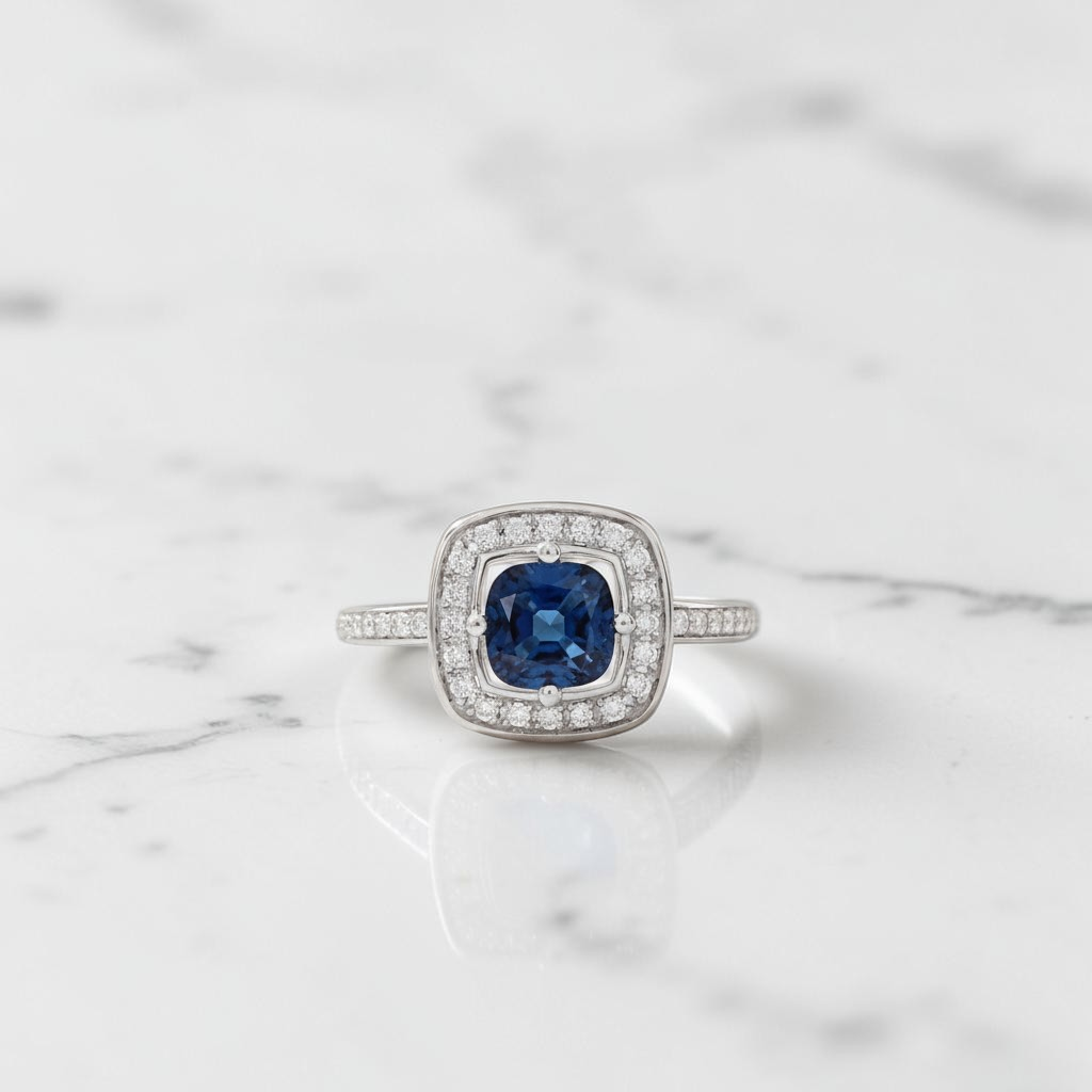 Anillo Halo de Zafiro y Brillantes en Oro Blanco