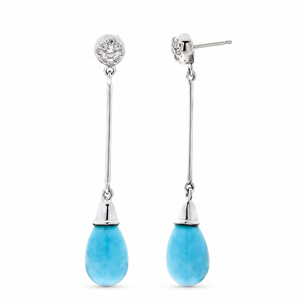 Pendientes Largos en Oro Blanco 18K con Turquesa Natural y Pavé de Circonitas