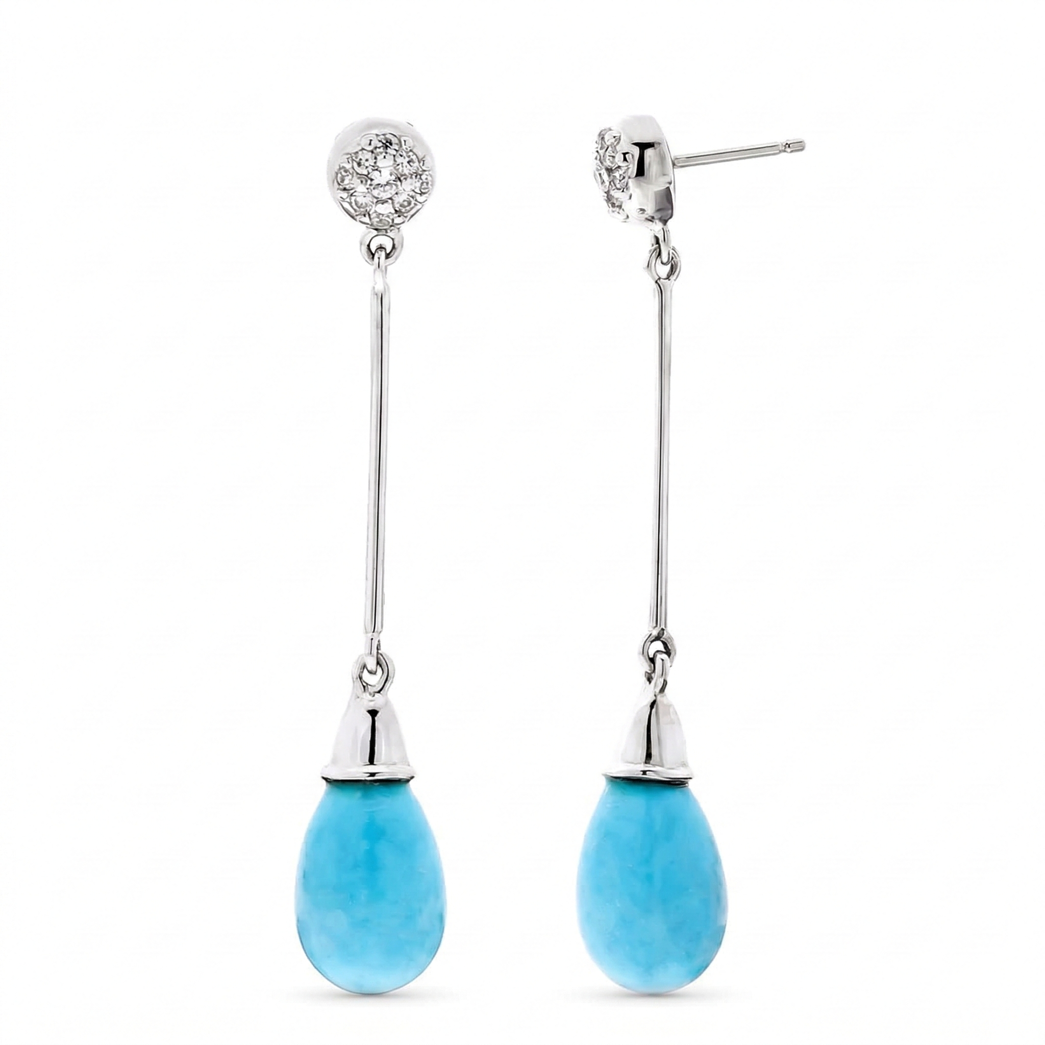 Pendientes Largos en Oro Blanco 18K con Turquesa Natural y Pavé de Circonitas
