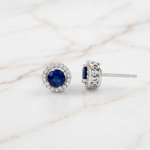 Pendientes Halo de Zafiro y Brillantes en Oro Blanco