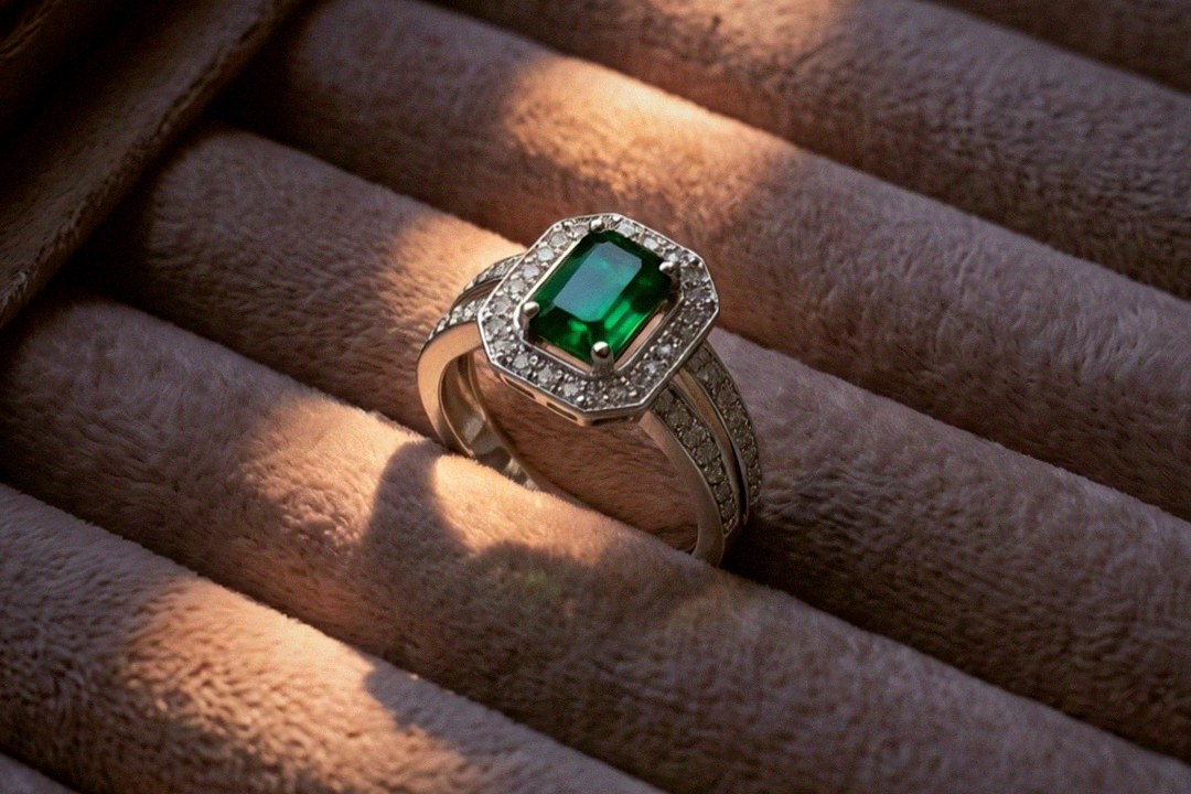 Anillo Madeleine de esmeralda en una bandeja, con la luz de la mañana entrando de lado